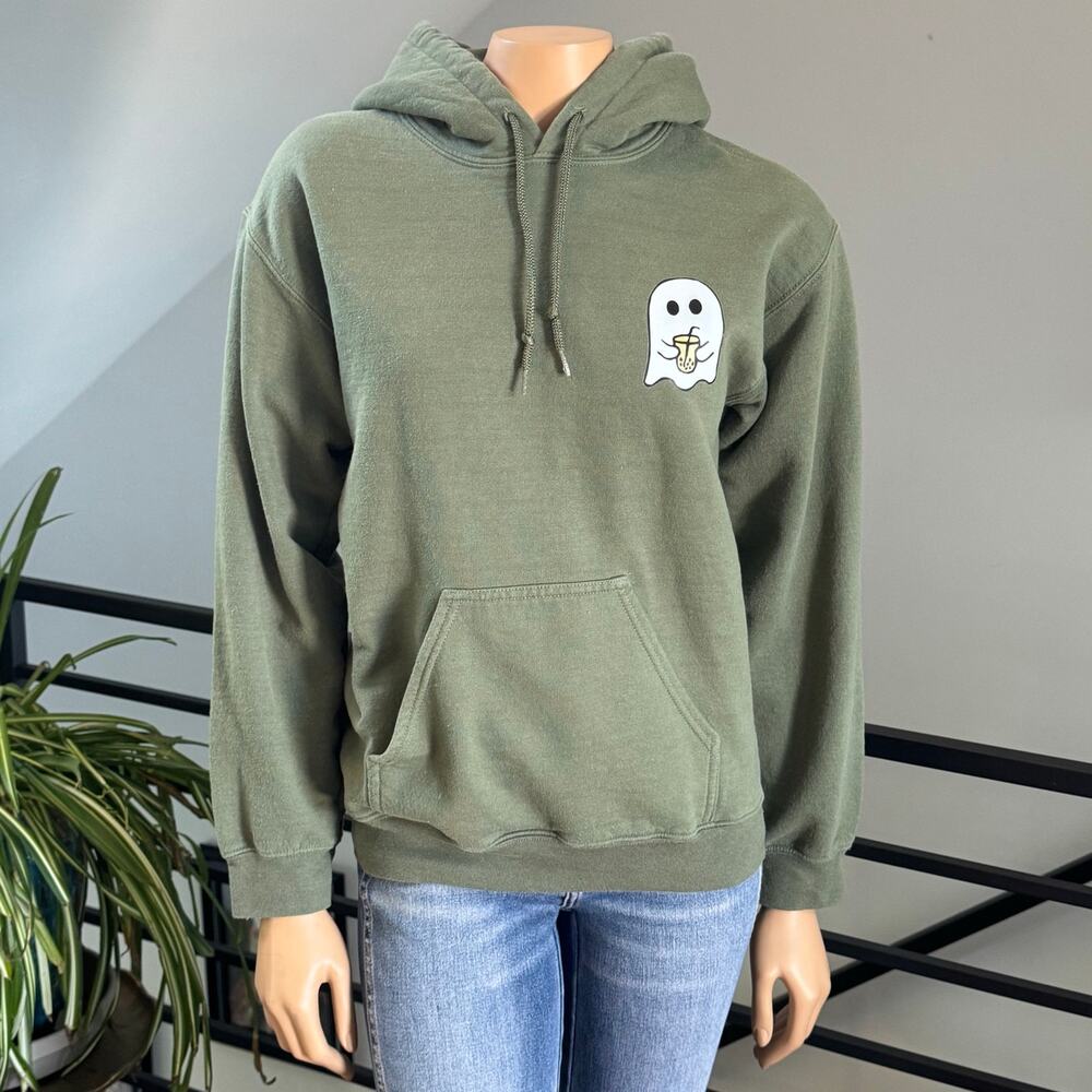 Spooky Season Boba Ghost Hoodie Olive Green Small Cute Coquette Fall Halloween - Picture 4 of 10